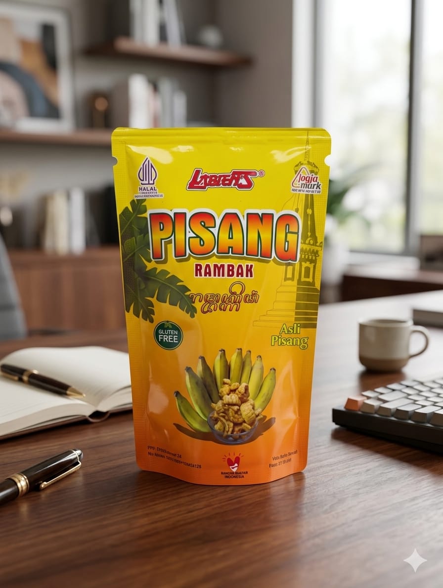 Kemasan Rambak Pisang LABIEN'S di atas meja kerja